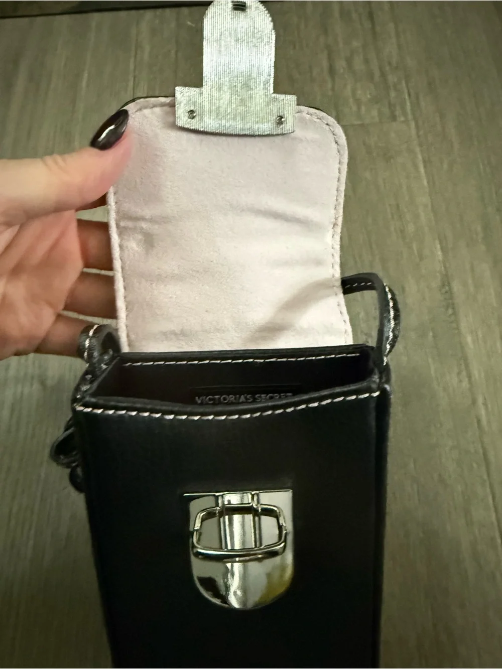 Victoria's Secret Black Leather Crossbody Phone Pouch with Silver Hardware